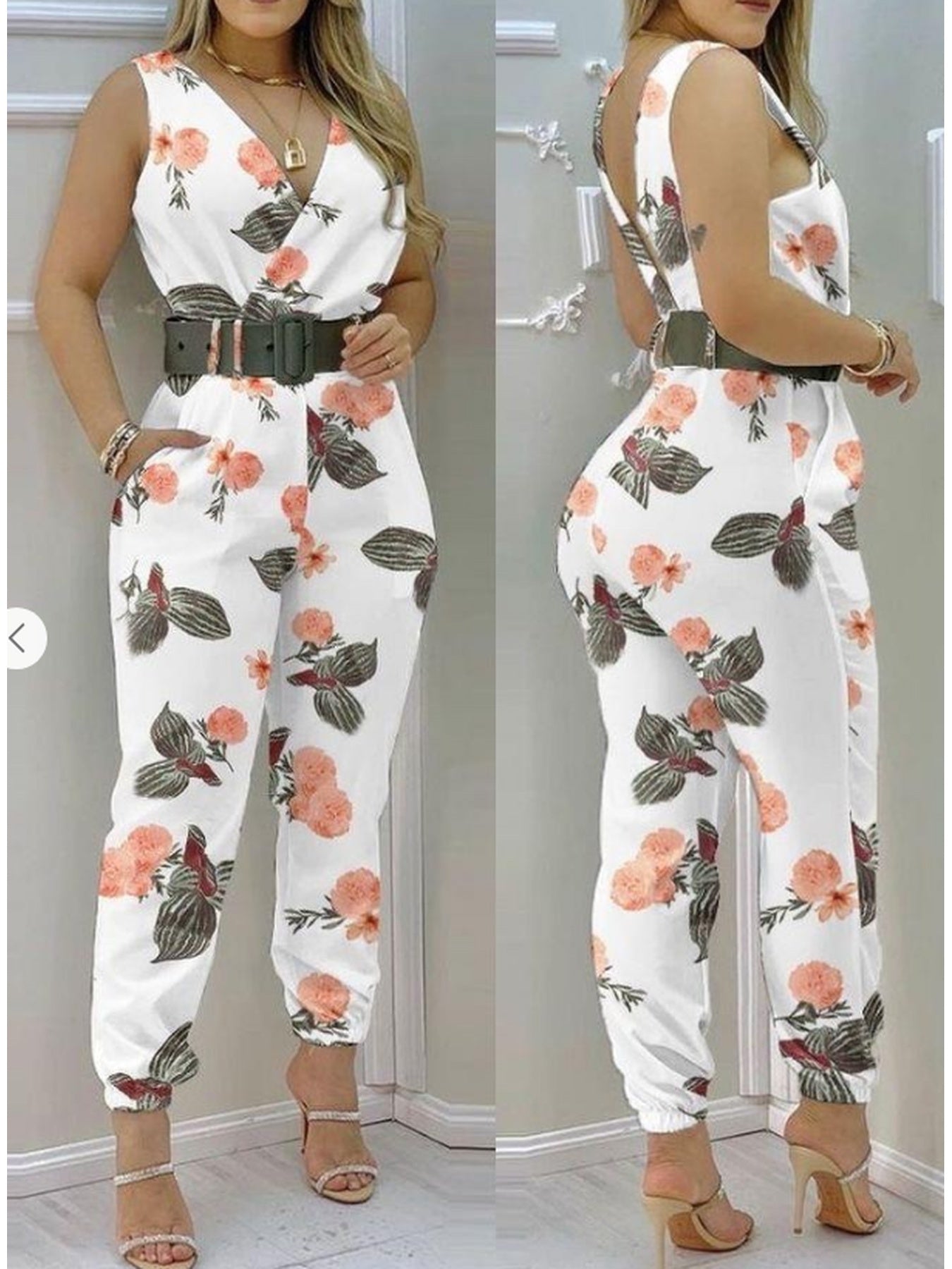 Women'S Floral Print Jogger Romper, Elegant Summer Style, Polyester 100%, Cropped Length, Elastic Waist with Belt, Criss Cross Neck, Regular Fit, Non-Stretch Fabric, Woven, for Weekend Casual - 120g/m²