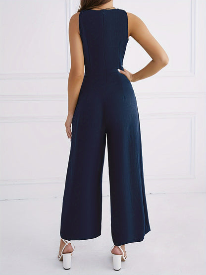 Macacão com decote em V e nó, macacão casual sem mangas com pernas largas para a primavera e verão, roupa para mulher