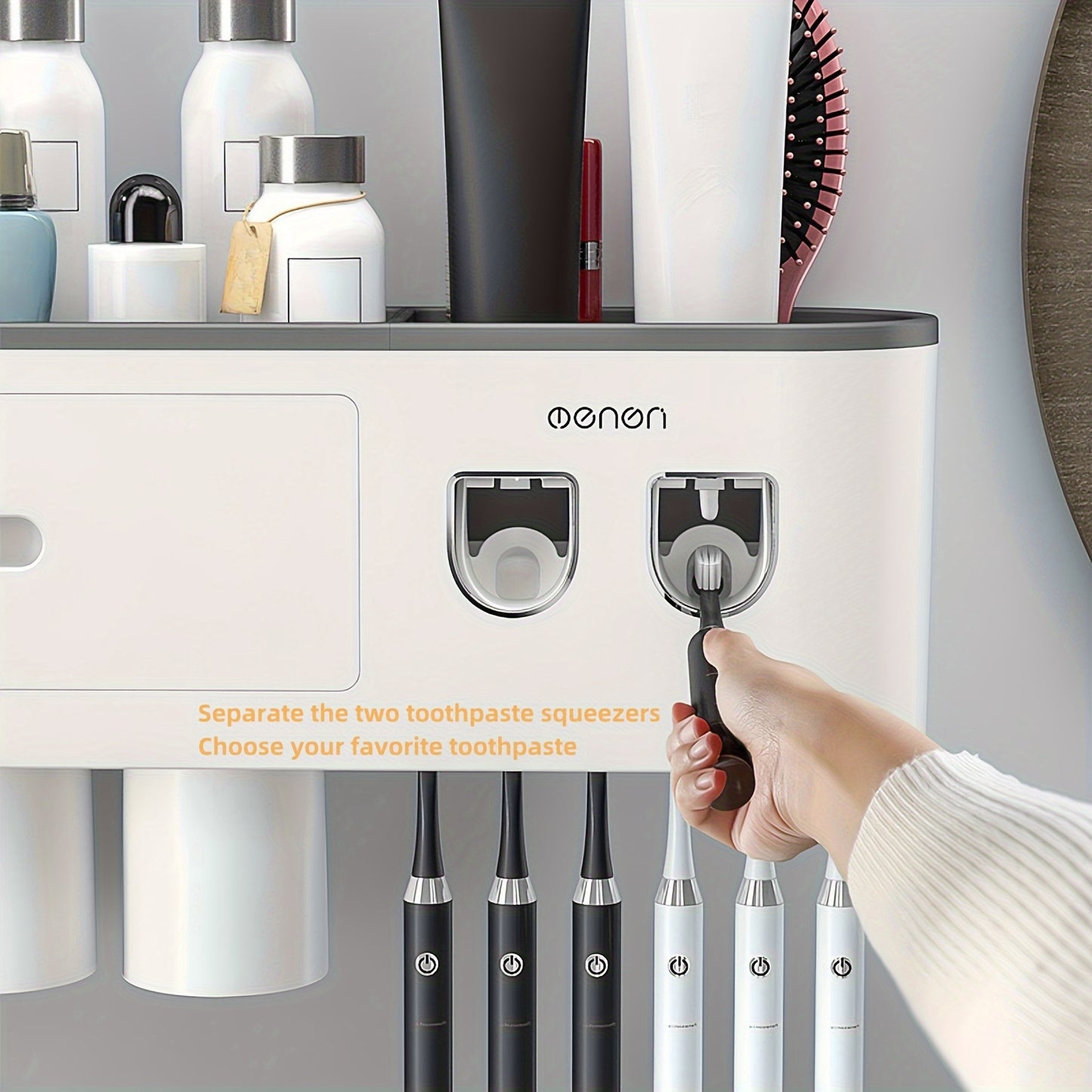 No Drill Adhesive Wall-Mounted Modern White Bathroom Organizer Set with 2-in-1 Magnetic Toothpaste Dispenser & Multi-Tier Storage Shelf - Space-Saving Over Sink Organizer with Suction Cup Hooks, Durable Plastic Construction f