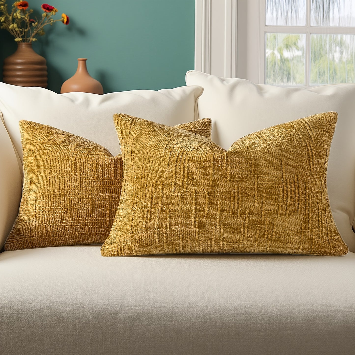 2pcs, Chenille Throw Pillow Covers Set of 2 Thick Textured Slubby Couch Pillow Covers Farmhouse Accent Modern Neutral Decorative Pillow Cases for Bed Sofa, Living Room, Machine Washable
