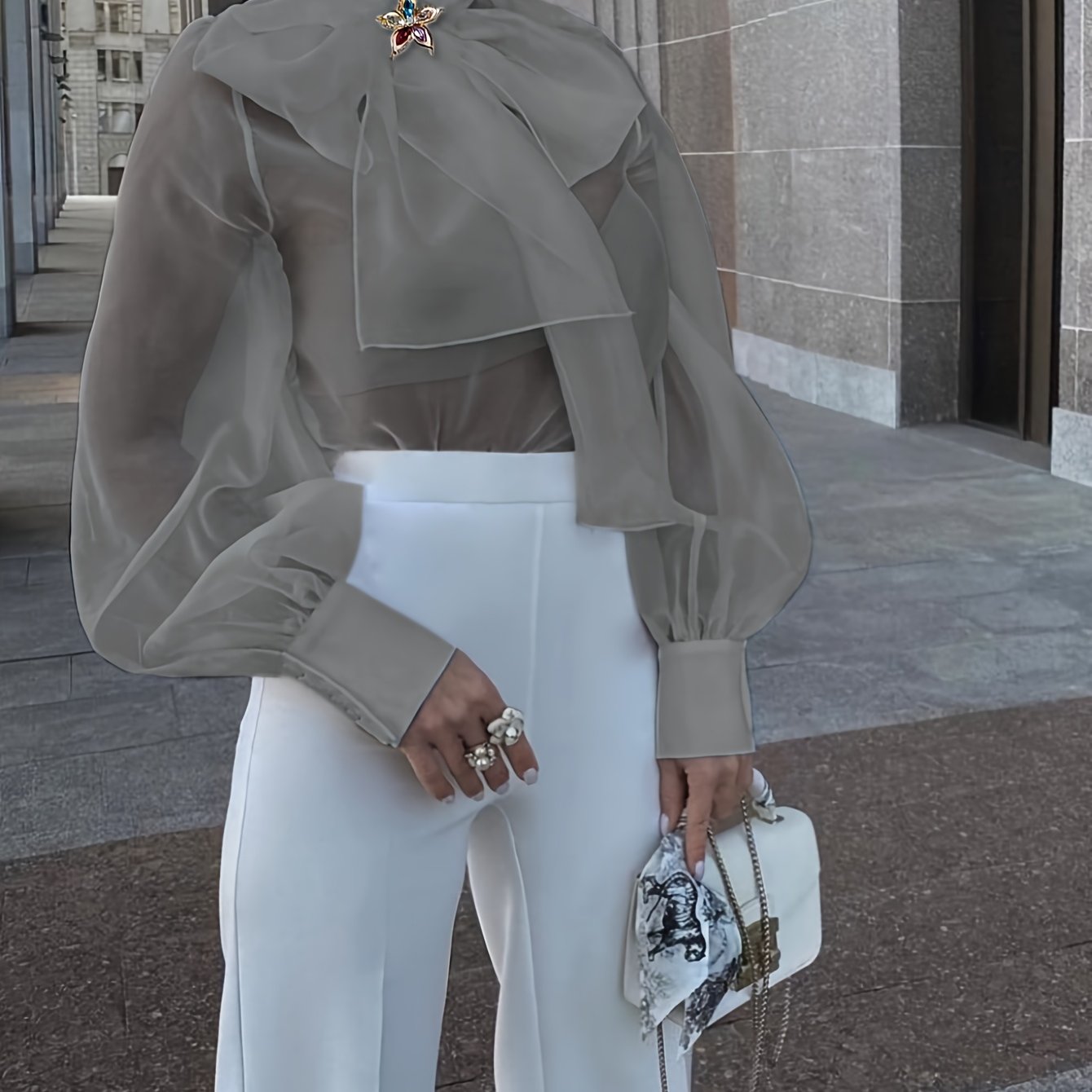 Elegant Plus Size Women'S Blouse with Sexy Bow Collar, Bubble Sleeves, and Pearl Accents - Chic Solid Color Non-Stretch Fabric for All Seasons, Plus Size Blouses