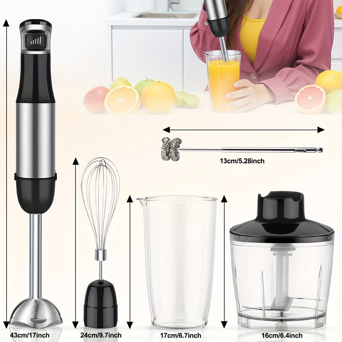 6in 1 Handheld Immersion Blender - Stainless Steel Stick Blender with 5 Speed, Chopper, Whisk And Milk Frother for Meat, Mashed Potatoes And Baby Food