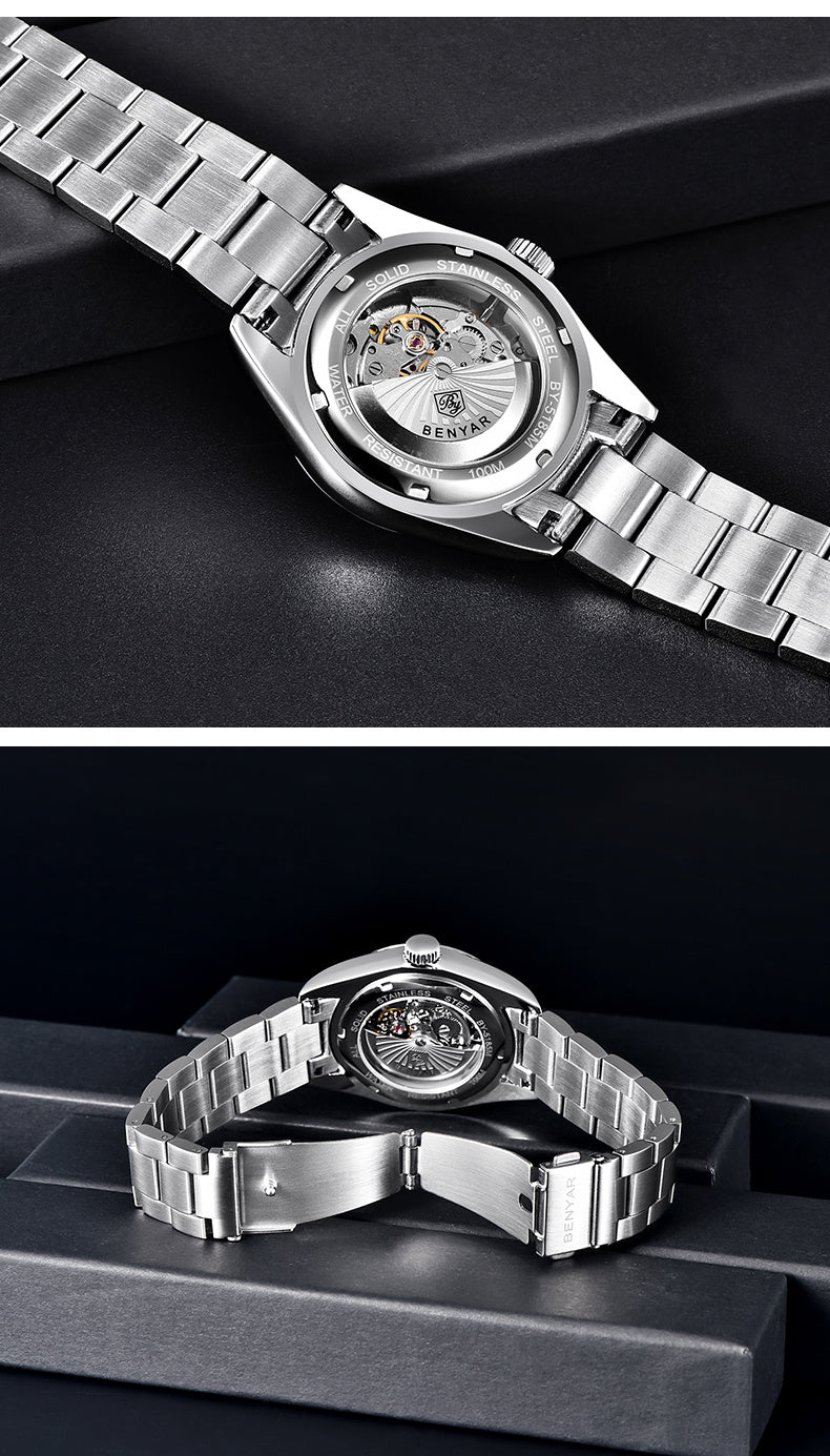 1pc BENYAR Men's Mechanical Wristwatch, 10Bar Waterproof Automatic Watch, Stainless Steel Sports Diving Watch For Men, Ideal choice for Gifts