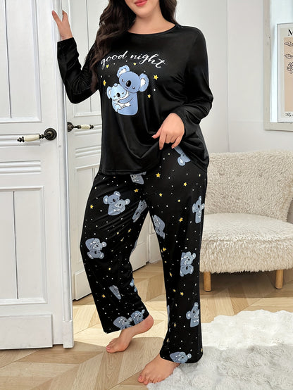 Plus Size Autumn/Winter Women's Pajamas with Cute Cartoon Koala Print Long Sleeve Loungewear Set