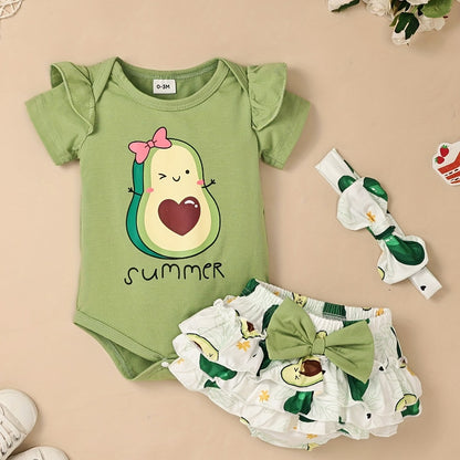Conjunto de Roupa Infantil para Bebé Menina com Estampado de Abacate: Macacão, Calções e Fita para o Cabelo - 3 Peças - Ideal para o Verão e Atividades ao Ar Livre
