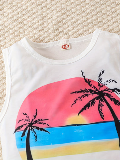 Boy's Coconut Trees Casual Outfit Round Neck Tank Top & Shorts Comfortable Breathable For Summer Kids Clothes Sets, Ideal For Daily & Outdoor Wear