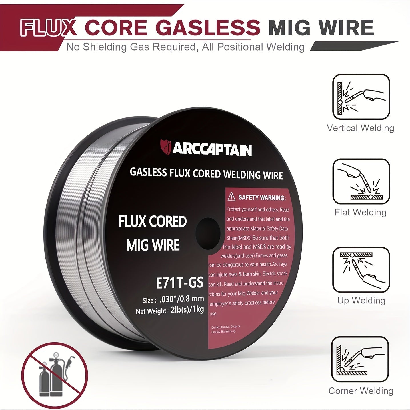 2-pack ARCCAPTAIN Flux Core 0.8 Mm 2 Kg E71T-GS MIG Welding Wire For Gasless Welding Machines MIG/MAG Flux Wire, Tested, D100 Wire Coil With 20 Mm Mandrel