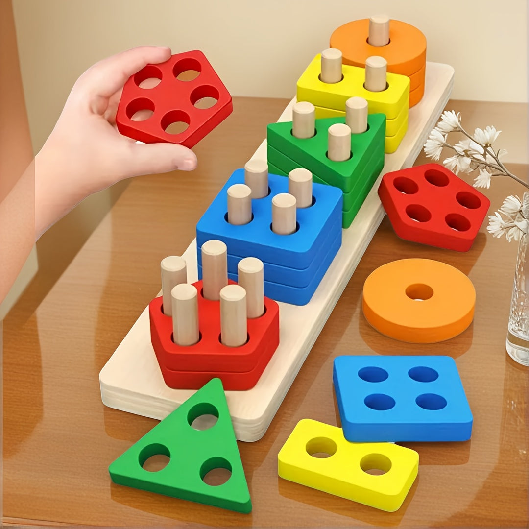 Colorful Geometric Shape Wooden Stacking Blocks for Boys and Girls - Educational Toy to Enhance Color Recognition, Coordination Skills Development Birthday Gift, Learning Through Play, Playful Learning, Smooth Finish, Early L
