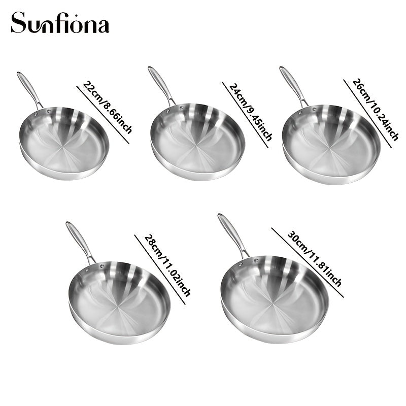 3pcs Sunfiona 316 Stainless Steel Bright Surface Frying Pan, Three-Layer Steel Material, Uncoated Frying Pan, Long-Handled Frying Pan, Wok, Suitable for A Variety Of Induction Cookers, Ovens, Fast Heating, Dishwasher Safe, Ho