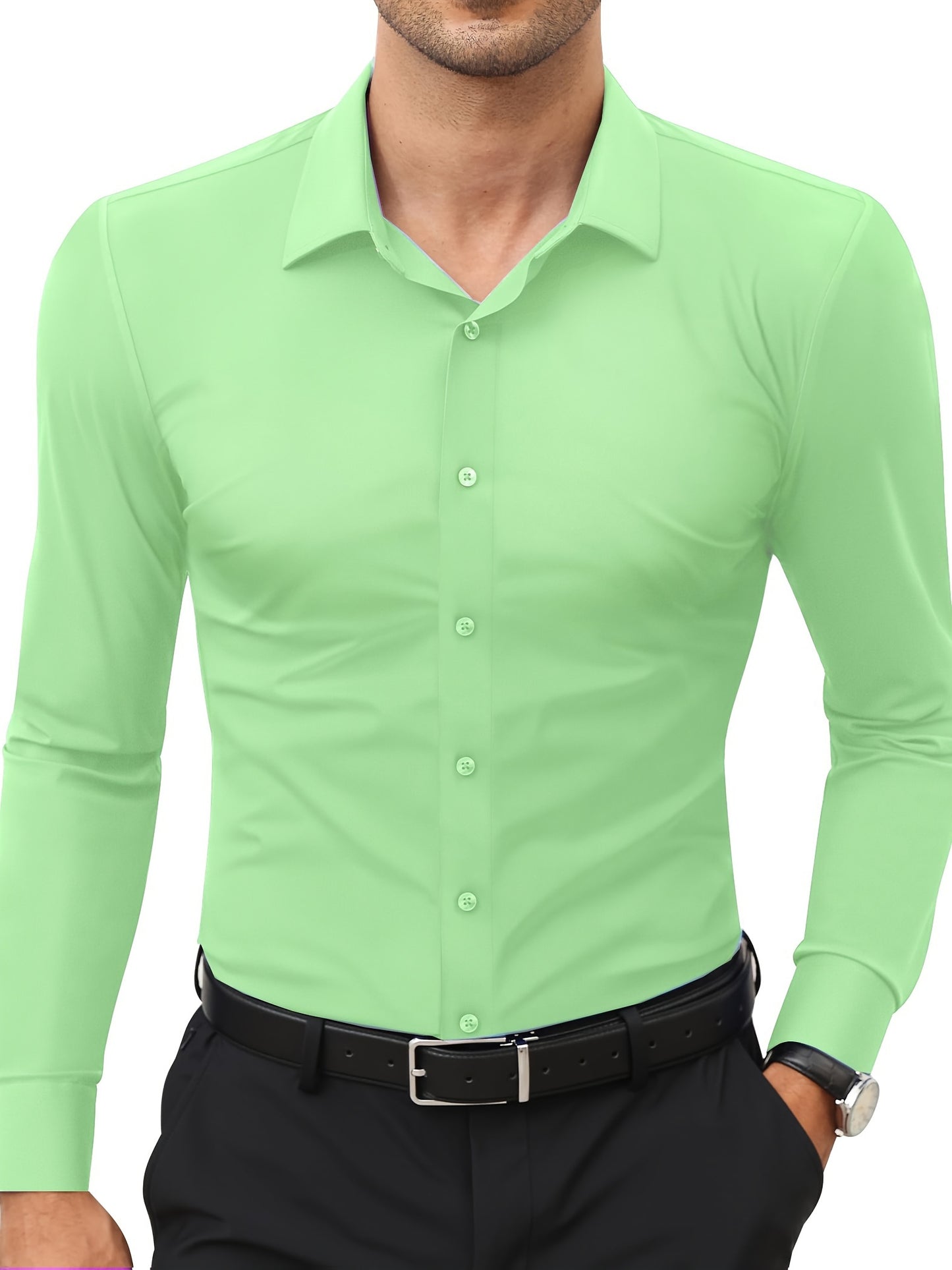 Camisola de homem de manga comprida com corte slim - 55% algodão, 40% poliéster, 5% elastano, cor lisa, para todas as estações, tecido plano, fecho com botões, gola de lapela, ideal para o fim de semana, 125 g/m²