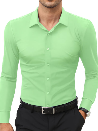 Camisola de homem de manga comprida com corte slim - 55% algodão, 40% poliéster, 5% elastano, cor lisa, para todas as estações, tecido plano, fecho com botões, gola de lapela, ideal para o fim de semana, 125 g/m²