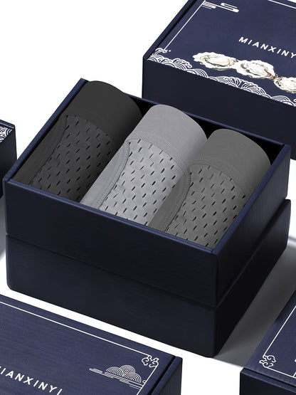 3pcs GDECC Men's Solid Color Modal Boxer Briefs - Mid-Stretch Breathable Mesh, Side-Opening Gusset, Light Beige-Friendly Soft Flat-Cut Underwear for Daily &amp; Casual Wear