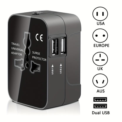 1pc Universal Travel Socket, Dual USB Ports, 110V-240V Input, EU/US/AU Plug, Surge Protection, All-in-One Wall Charger for Over 150 Countries, Essential for Business Trips and Travel