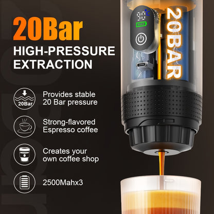 2025 Upgrade Portable Espresso Machine with Temperature and Battery Display, Type-C Charging, Automatic Heating, Hot and Cold Beer, Compatible with Ground and Capsules, Ideal for RV, Hiking, Office
