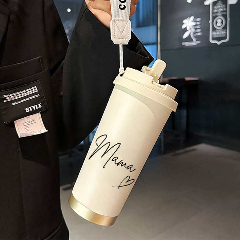 1pc 530ml Insulated Coffee Cup with Straw & Straw Holder - Skull & Heart Design, Leakproof Travel Mug, Detachable Strap, Hot/Cold Thermos for Home, Office, Gifts - Name/Text, Durable Portable Cup for Hot & Cold Drinks