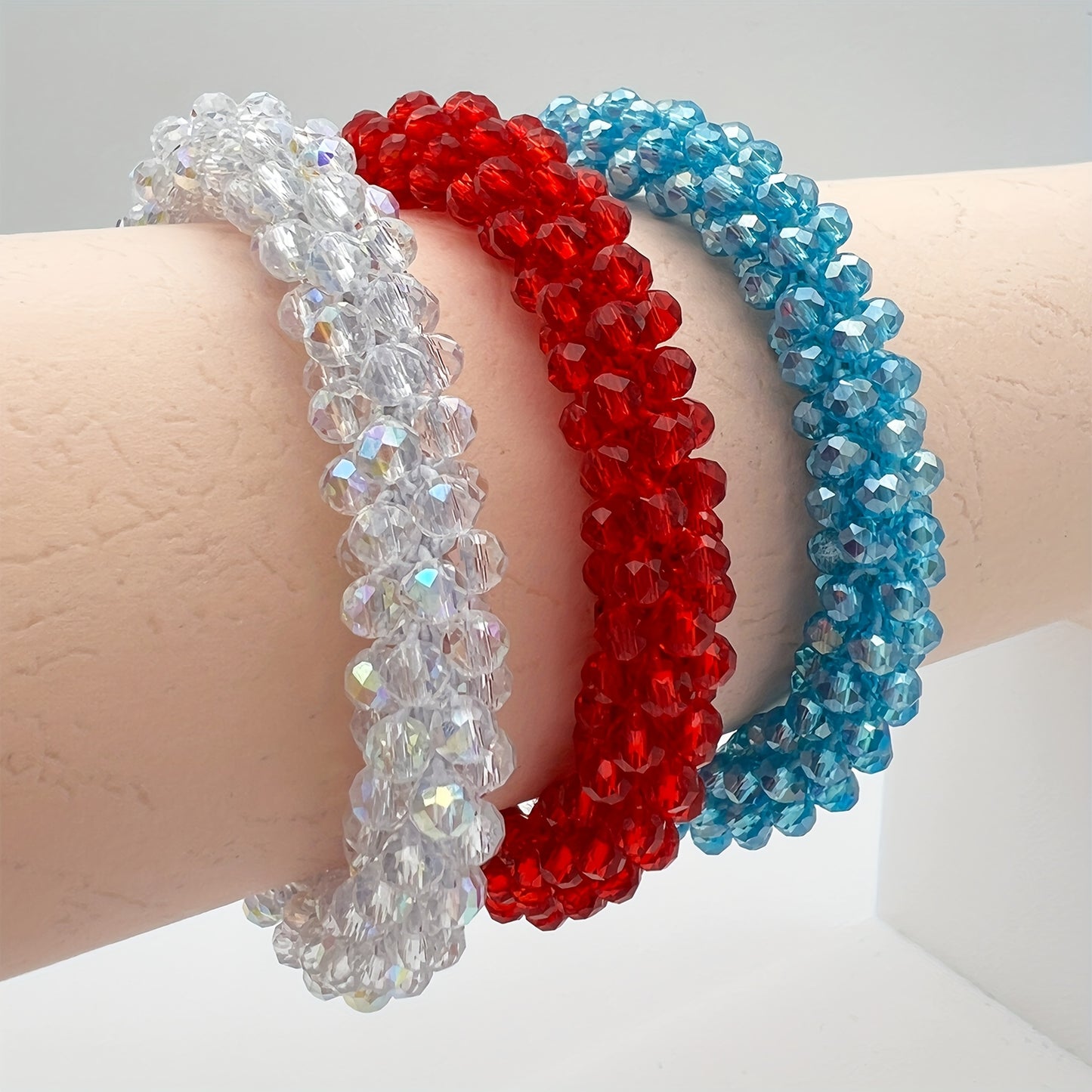 Esbbela 3pcs Bracelet Set Holiday Gift Beaded Artificial Crystal Stackable Strap Set with Elasticity Suitable for Women Men 16.51-20.32cm Daily Vacation