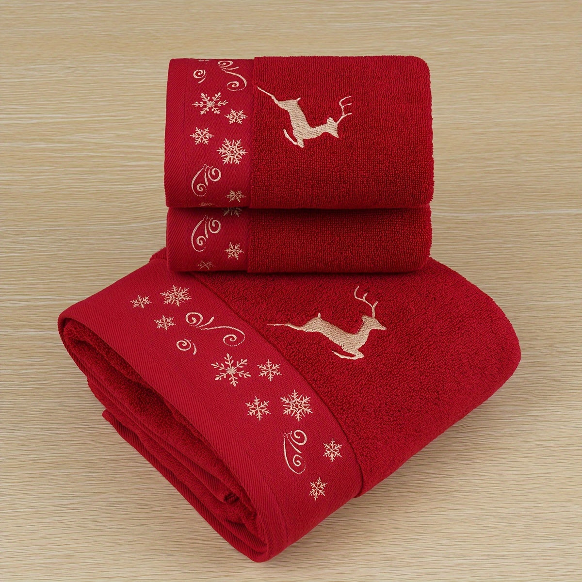 3pcs Christmas 100% Cotton Towel Bath Towel Set 2pcs Towels + 1pc Bath Towel Cotton Terry Embroidered Reindeer Towel Bath Towel, Christmas Red Towel Bath Towel Set, Merry Christmas Bathroom Supplies, Christmas Gift Christmas