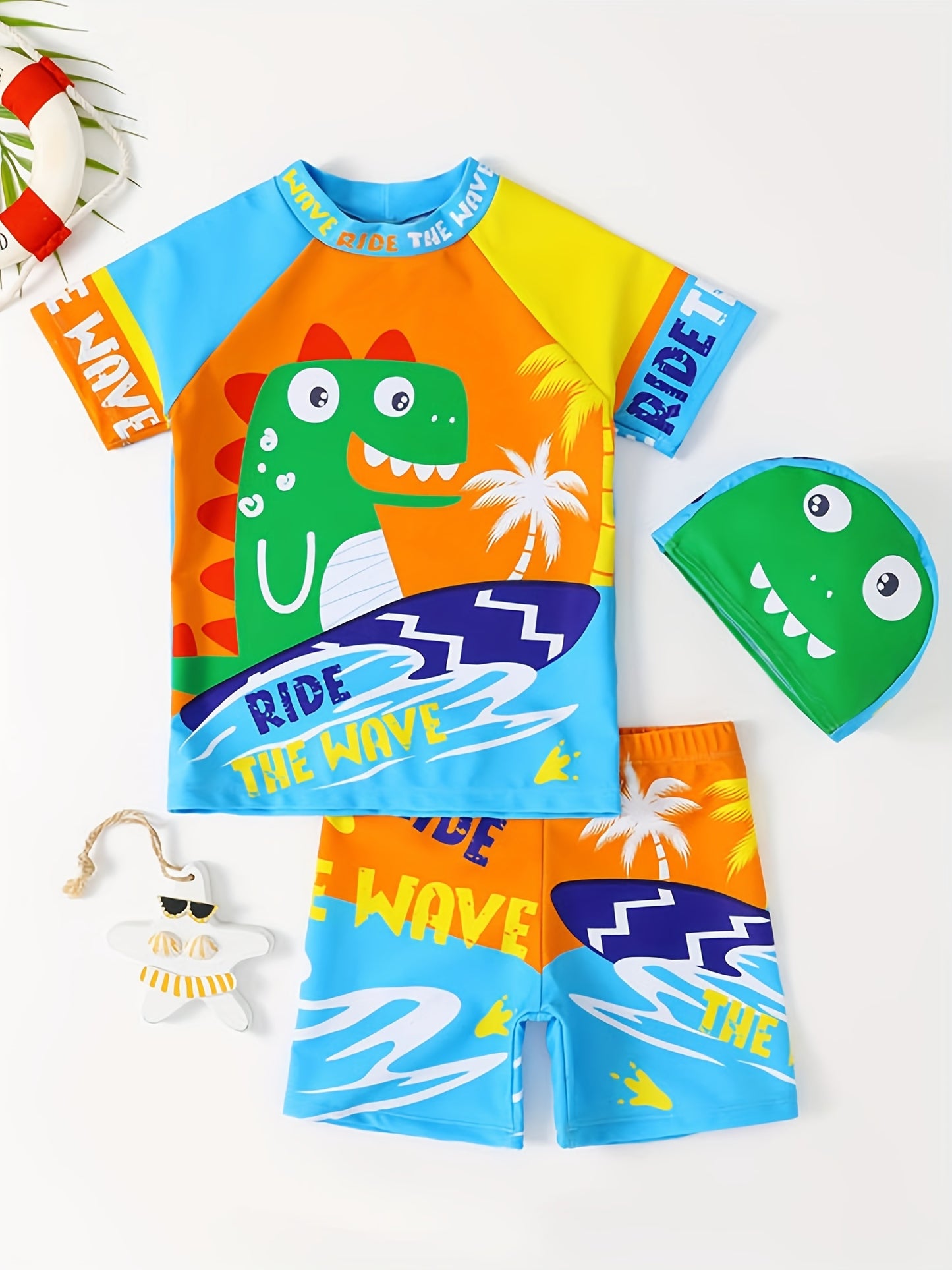 Boys' Dinosaur "Ride the Wave" Swimsuit Set with Matching Cap - Stretchy, Quick-Dry Polyester/Elastane Blend, Crew Neck Top & Shorts for Youngsters - Colorful Cartoon Design, Machine Washable