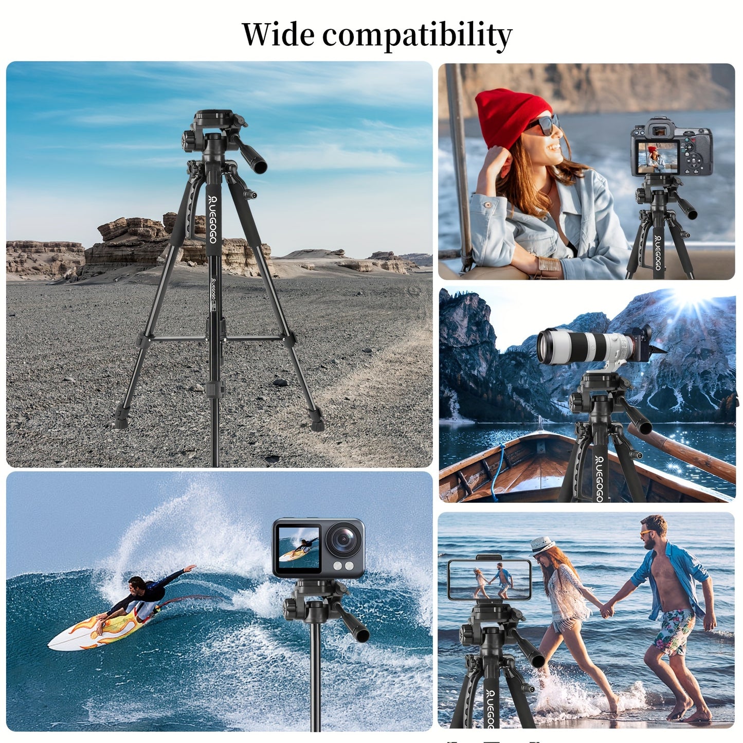 1pc UEGOGO 60-Inch Professional Aluminum Alloy Tripod Stand with Gimbal Head, Lightweight for Mirrorless Camera/DSLR/Camcorder/Cell Phone, Includes Storage Bag & Phone Clip