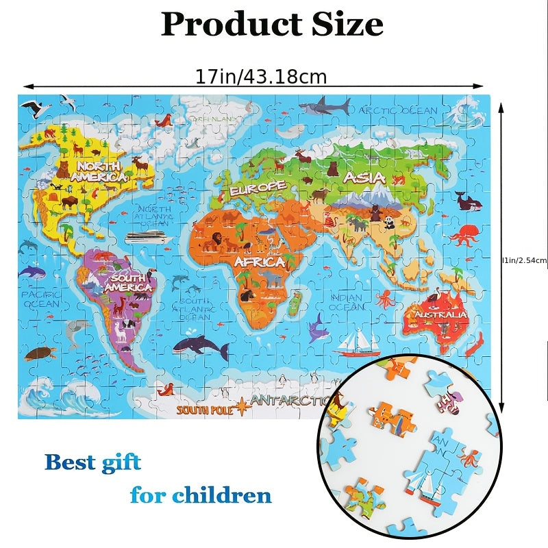 200pcs World Map Puzzle for Kids - Educational Science & Technology Toy, Fun Animal-Themed Cartoon Wooden Jigsaw Puzzle for Boys and Girls, Enhances Cognitive Skills, Ideal for Ages 3-12, Portable Design, Intermediate Skill L