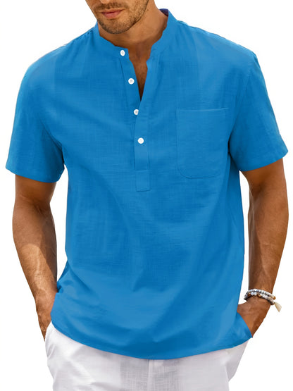Camisa de homem, gola padre, manga curta, estilo Henley, ideal para o verão, uso casual, negócios e ocasiões formais.