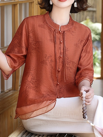 Elegante blusa de verão para mulher com estampado floral - Manga curta, gola mandarim, corte largo, verde-azeitona claro, perfeita para looks casuais. Blusa casual | Blusa com estampado floral | Camisola com gola mandarim