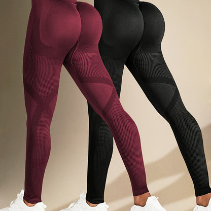 Two Solid Color High-Elasticity Fitness Yoga Leggings - Abdominal Control, Pleated, Elastic Waistband, Long Length, Made of Polyamide And Elastic Materials - Suitable for Women'S Activewear, Exercise, And All Seasons.