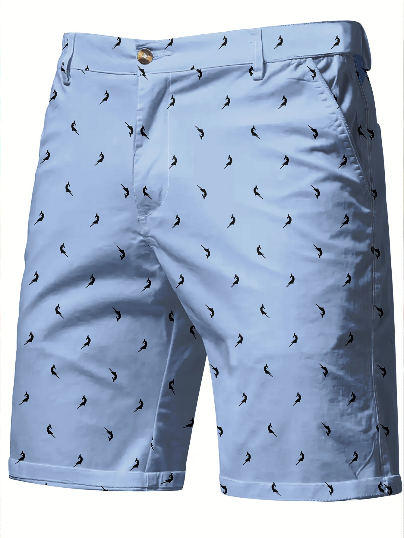 Calça social slim fit para homem para o verão, com estampado digital 3D, detalhe de botão, tecido sem elasticidade - Azul claro, cintura com botões, corte confortável para looks casuais, estilo descontraído, detalhe de botão elegante, roupa durável.
