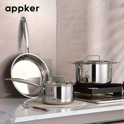 appker 3pcs Tri-Ply Clad Stainless Steel Cookware Set, Pots And Pans Kitchen Set with Tempered Glass Lids, Induction-Ready, Dishwasher-Safe, Silvery