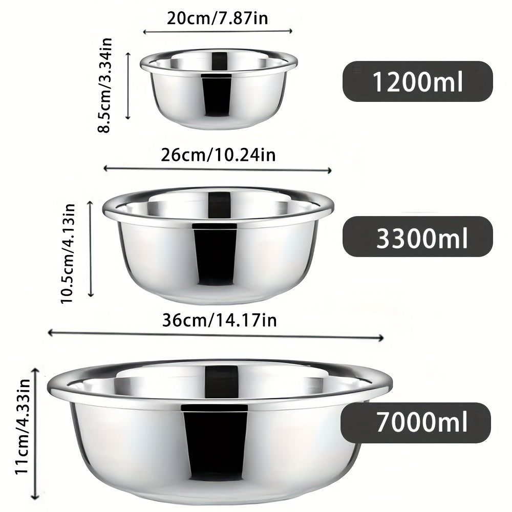 3pcs Stainless Steel Mixing Bowls, Oversized Stainless Steel Kitchen Bowls, Baking And Noodle Bowls, Mixing Salads, Washing Vegetables And Fruits, Soup Bowls, Salad Bowls, Etc. Three Sizes Suitable for a Variety of Scenarios