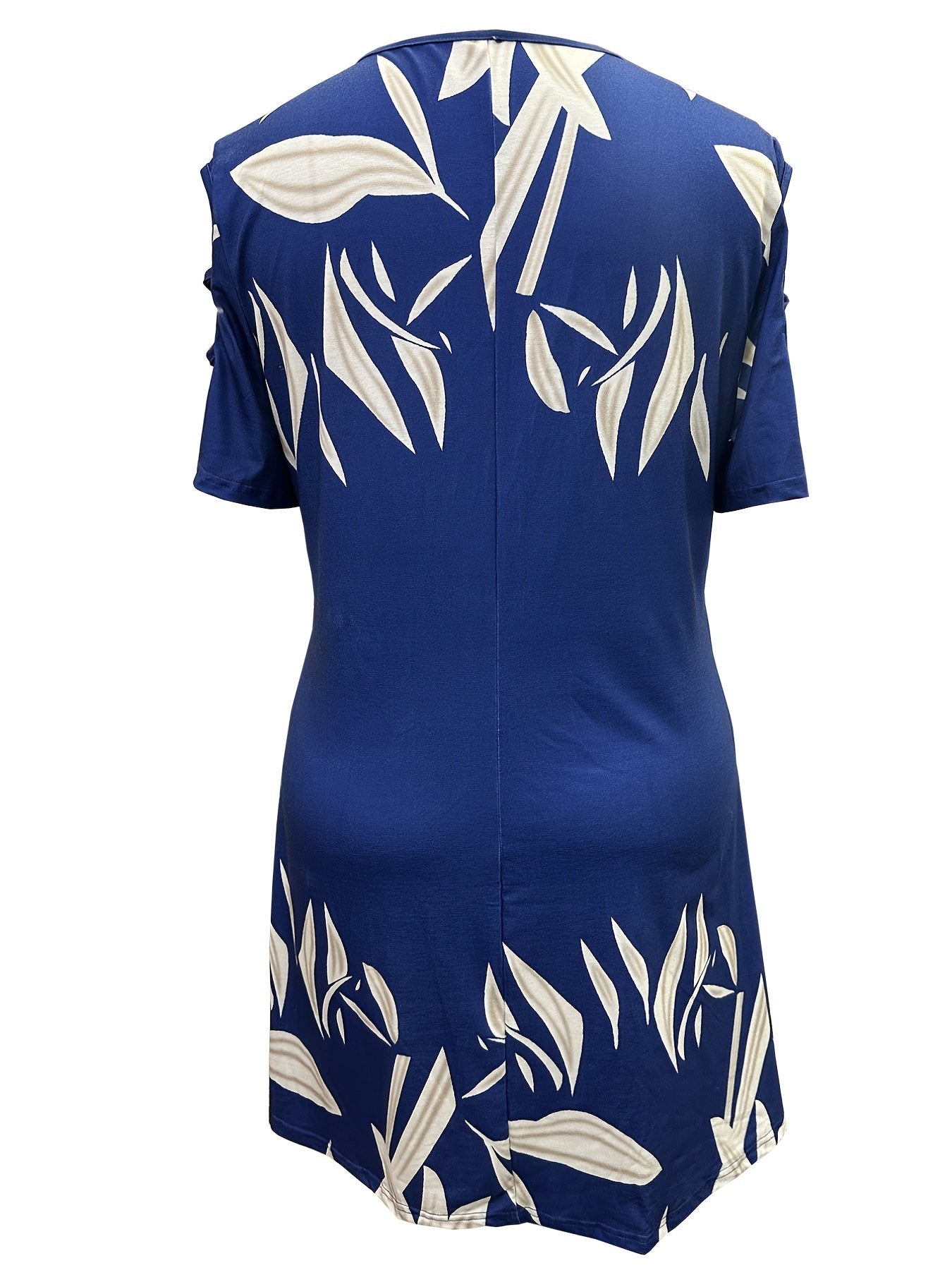 Plus Size Casual Dress, Women's Plus Leaf Print Ring Decor Cut Out Sleeve Round Neck High Stretch Keyhole Front Dress