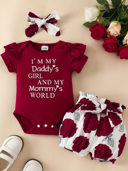 3pcs Short Sleeve &amp; Shorts Set for Newborns - "I'm Daddy's Girl" Letter Print Pants and Headband, Mommy's World Alphabet Kids' Outfit, Perfect for Outdoor