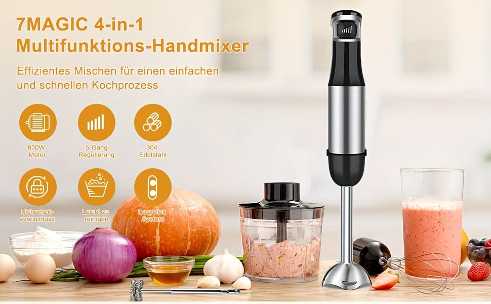 6in 1 Handheld Immersion Blender - Stainless Steel Stick Blender with 5 Speed, Chopper, Whisk And Milk Frother for Meat, Mashed Potatoes And Baby Food