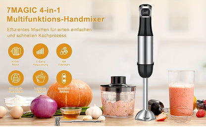 6in 1 Handheld Immersion Blender - Stainless Steel Stick Blender with 5 Speed, Chopper, Whisk And Milk Frother for Meat, Mashed Potatoes And Baby Food