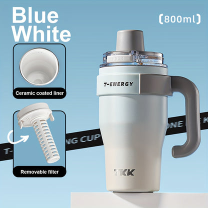 800ml/1200ml Large Capacity Ceramic Coating Liner Stainless Steel Cup Vacuum Keep Warm Cold Mug Cup with Straw Lid Handle for Coffee Coke Carbonated Beverages Ice Leakproof for School Office Outdoor Yoga sports, Travel Coffee