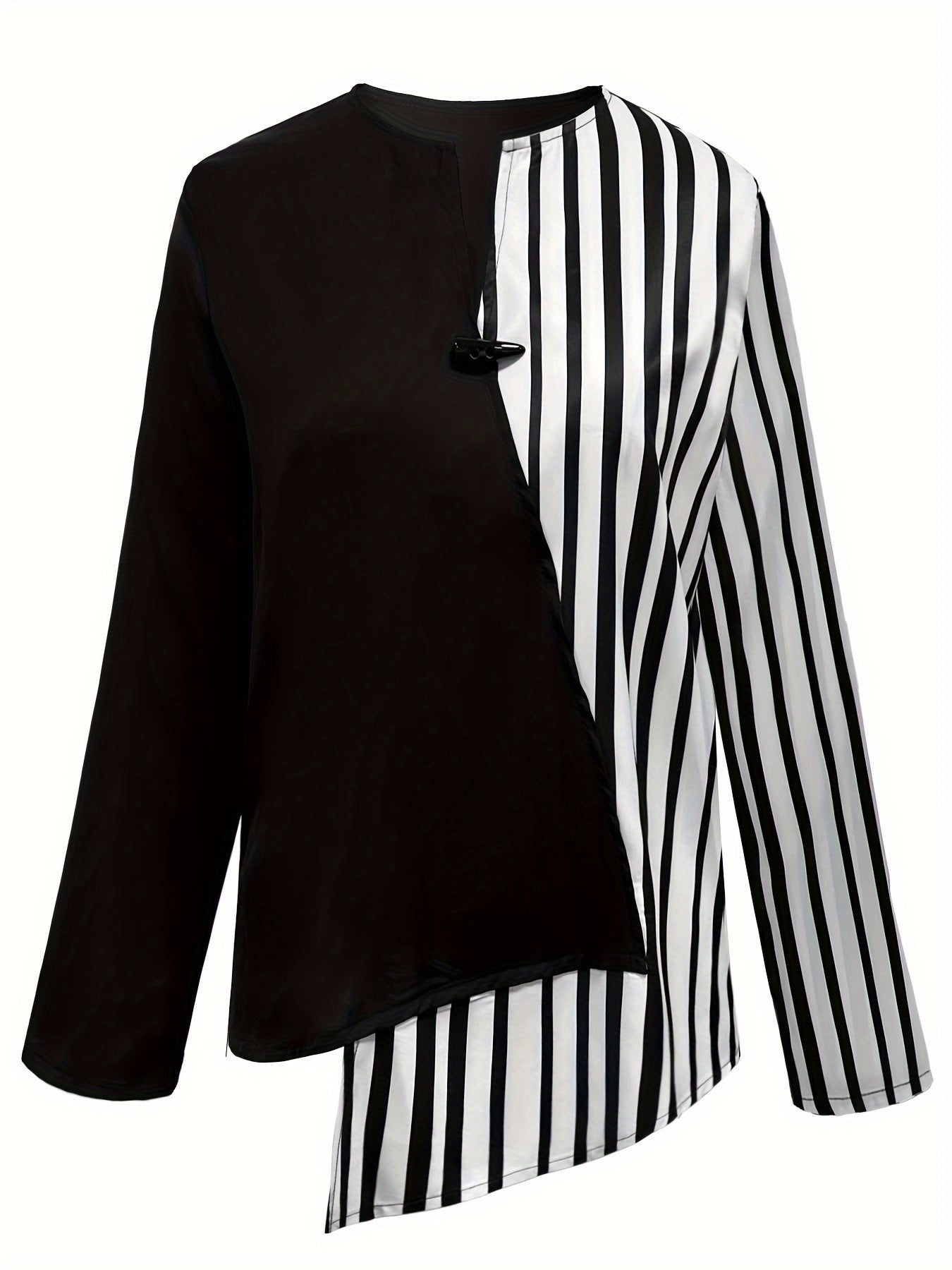 Stripe Print Button Front Asymmetric Blouse, Elegant Long Sleeve Top For Spring & Fall, Women's Clothing