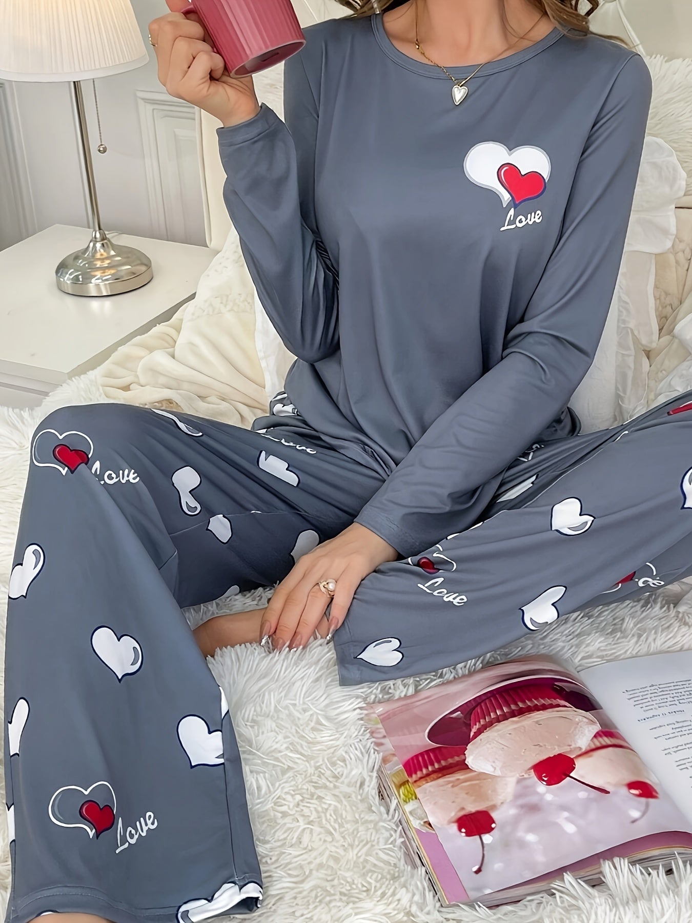 Plus Size Casual Heart Print Round Neck Long Sleeve Pantsuit