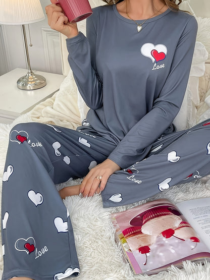 Plus Size Casual Heart Print Round Neck Long Sleeve Pantsuit