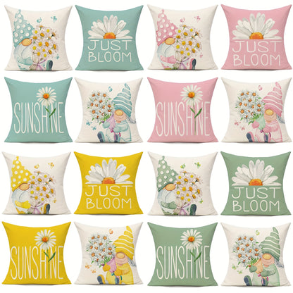 4pcs Daisy Flower Gnome Pattern Spring Throw Pillow Covers, For Home Couch Patio Furniture Bench Sofa Porch Decor, No Pillow Insert, 45.72*45.72cm