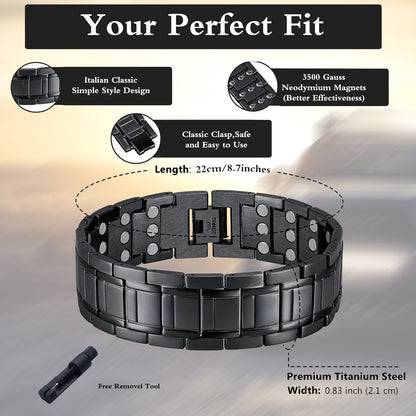Pulseira magnética para homem em aço titânio com ímanes de 3500 Gauss – Design texturizado preto, presente elegante para o Dia do Pai, acessório de bem-estar | Estilo sofisticado | Joia durável, joia magnética