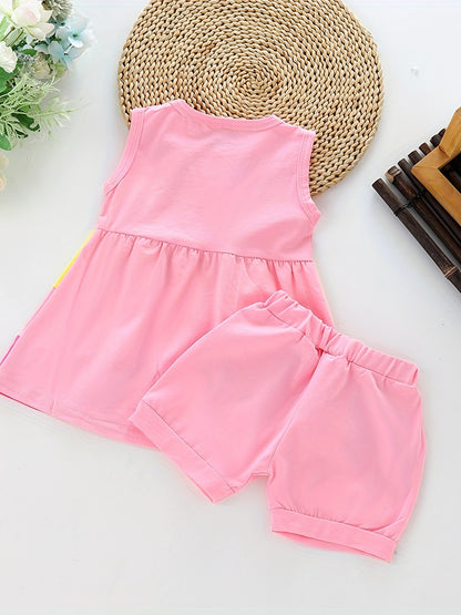 Stylish Color Block Outfit - Cute Bow Puffy Hem Vest & Pocket Shorts Two-piece Set Toddler Baby Clothes Outdoor Clothes Outdoor Suit