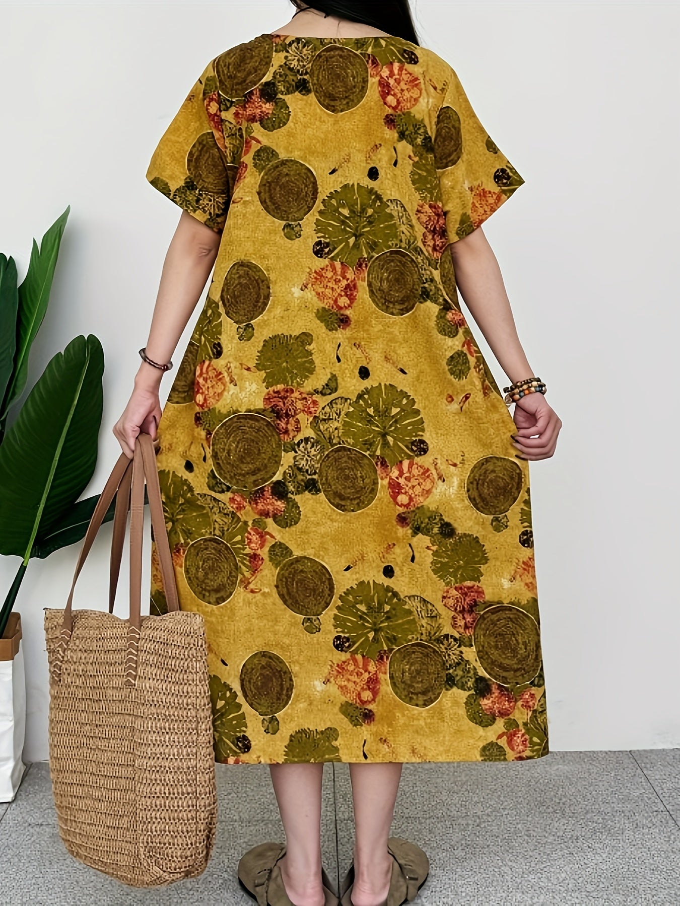 1pc Elegant Linen Tunic Dress for Women, 100% Linen Woven Crew Neck with Pocket Detail, Floral Print, Suitable for Spring/Summer/Fall