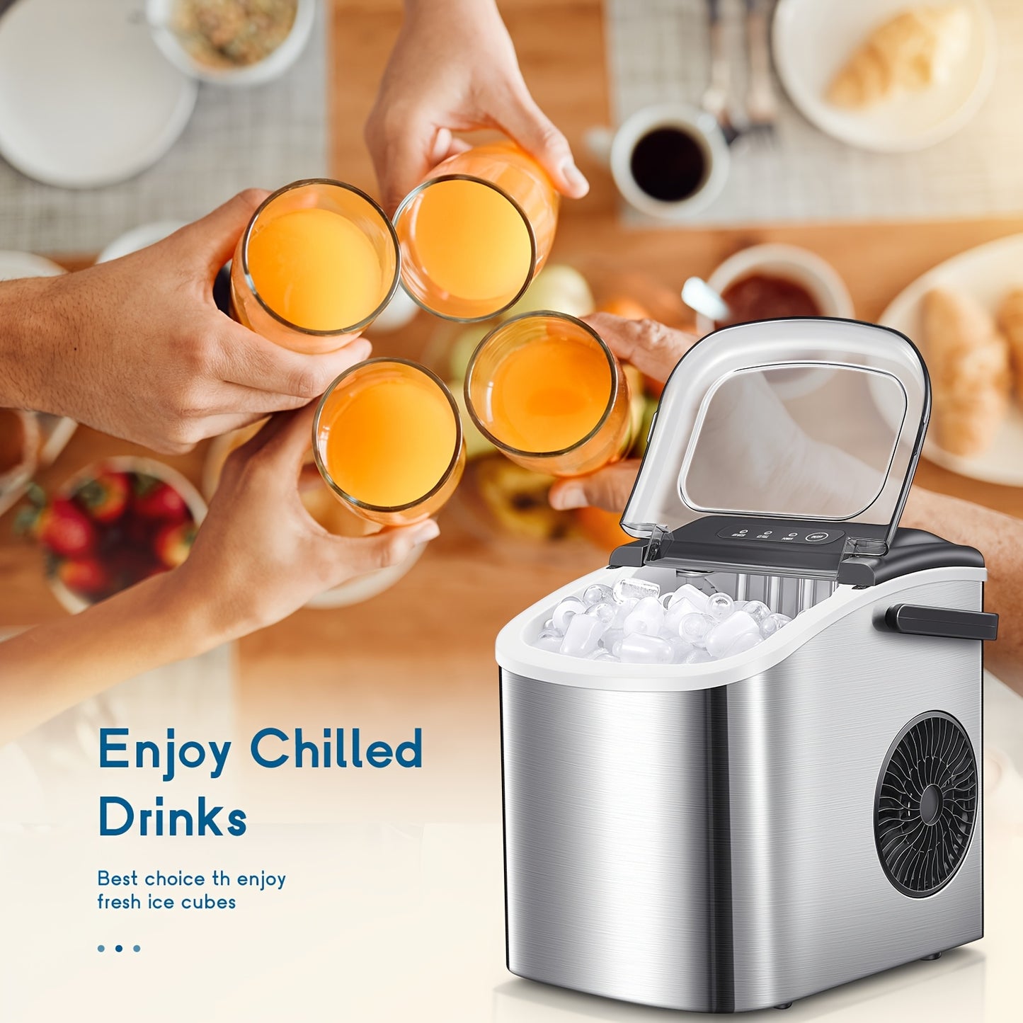 Máquina de gelo portátil, para bancada, produz 9 cubos de gelo em 6 minutos, 12 kg em 24 horas, inclui pá e cesto para gelo, ideal para casa, cozinha ou escritório, em aço inoxidável.