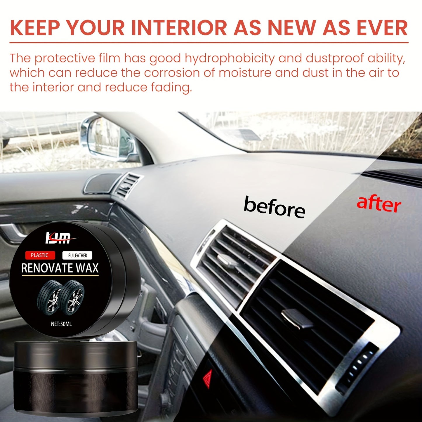 Car Plastic Renovator Wax, 50ml - PU Leather Rejuvenation, Scratch Repair for Car Bumpers and Interiors, Enhances Plastic and Leather Restoration, Prevents Aging and Whitening