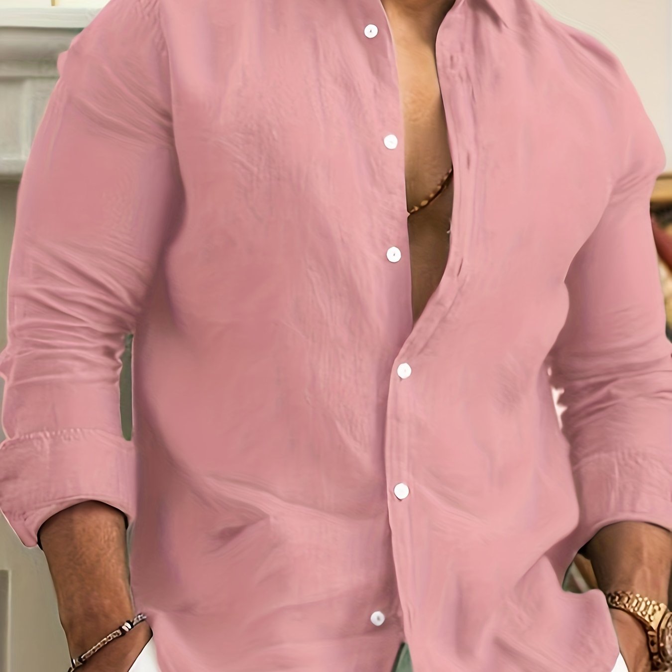 Camisa de homem em algodão de manga comprida e cor sólida com botões, modelo com lapela, ideal para a primavera e outono.