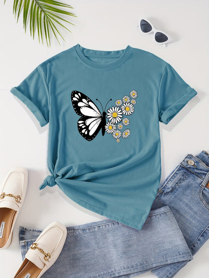 T-shirt casual para mulher com estampado floral de borboletas e margaridas, gola redonda - Verde azeitona, Lavável à máquina, Modelagem regular para looks casuais, Moda para todas as estações, Estilo descontraído, Tecido não transparente