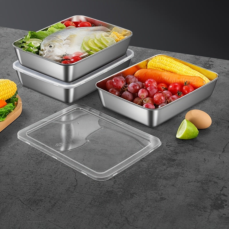 5pcs Stainless Steel Food Storage Containers, Stackable with Sealed Lids, Microwave Safe, Flip Top, Square Shape, for Salad, Fruit, Food Storage, Kitchen Organization, Refrigerator Freshness, Freezer Safe, Multi-purpose Meal