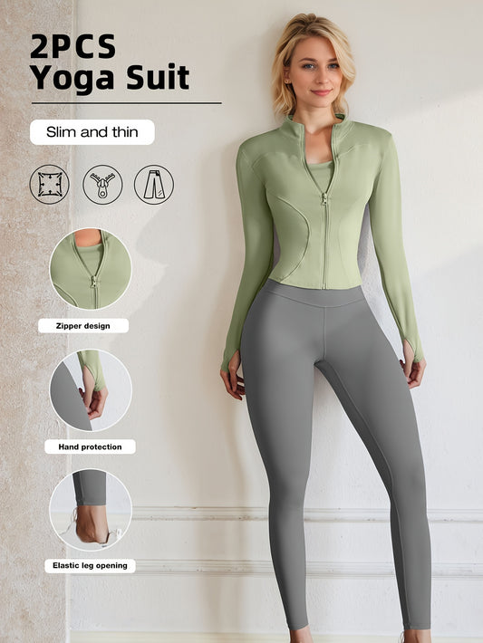 European Code Polyester Fabric Gym Running Clothes Long Sleeve Sports Jacket Cycling and Hiking Tightening Buttocks Pants Fitness Suit