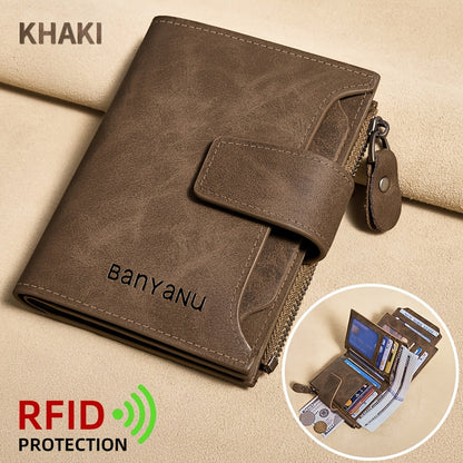 BANYANU Vintage Genuine Leather Wallet for Men - RFID Blocking, 17 Card Slots, Zippered Coin Pocket &amp; Independent Card Holder, Brown, Perfect Father'S Day Gift, Secure Card Storage | Vintage Wallet | Durable Zipper Closure, B