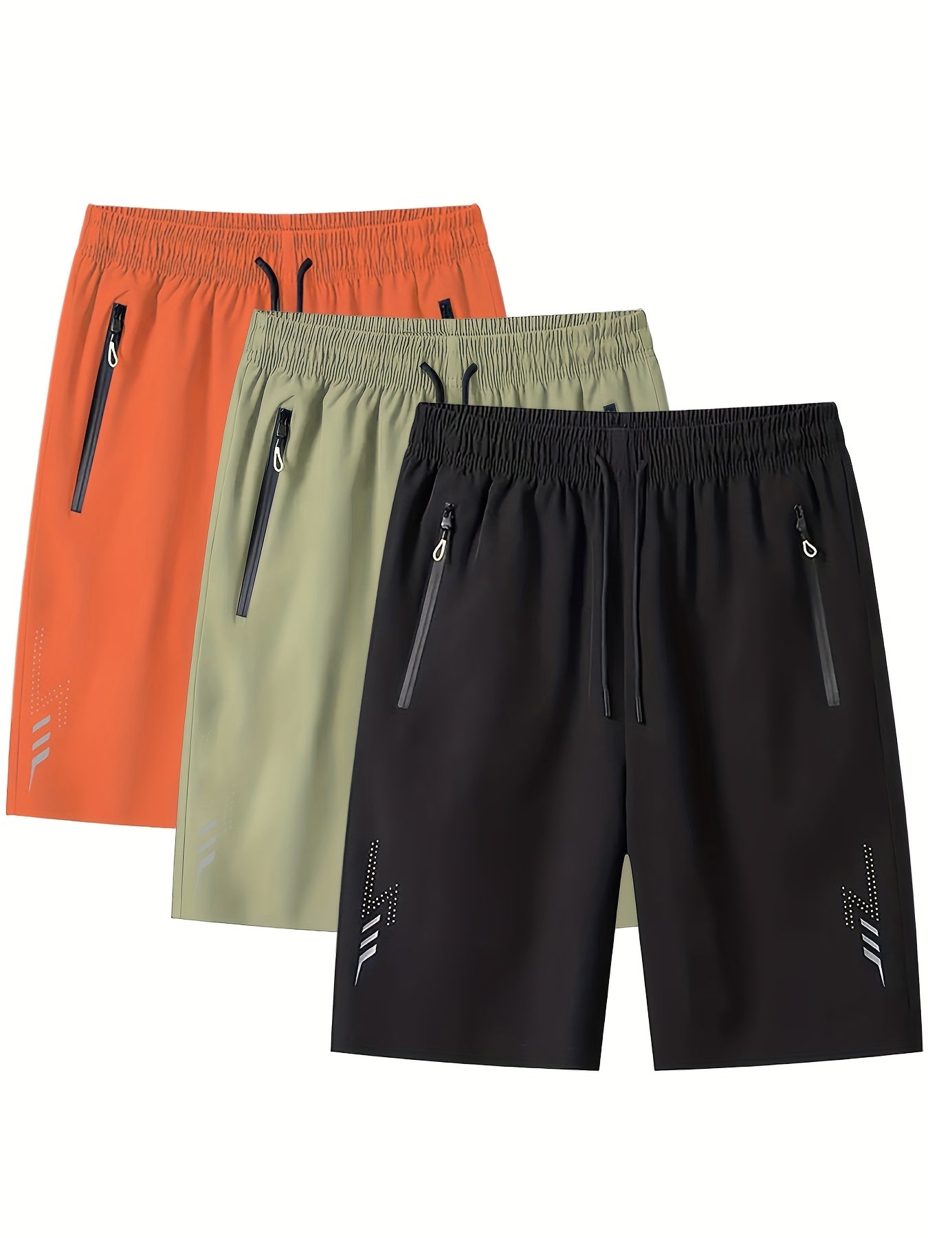 3pcs Men's Lightweight Quick-Dry Athletic Running Shorts - Loose Fit Plus Size, Zipper Pocket &amp; Elastic Waistband, Polyester/Elastane Blend Swim Shorts with White &amp; Black Design for Gym, Beach, Jogging - Summer Workout Swim T